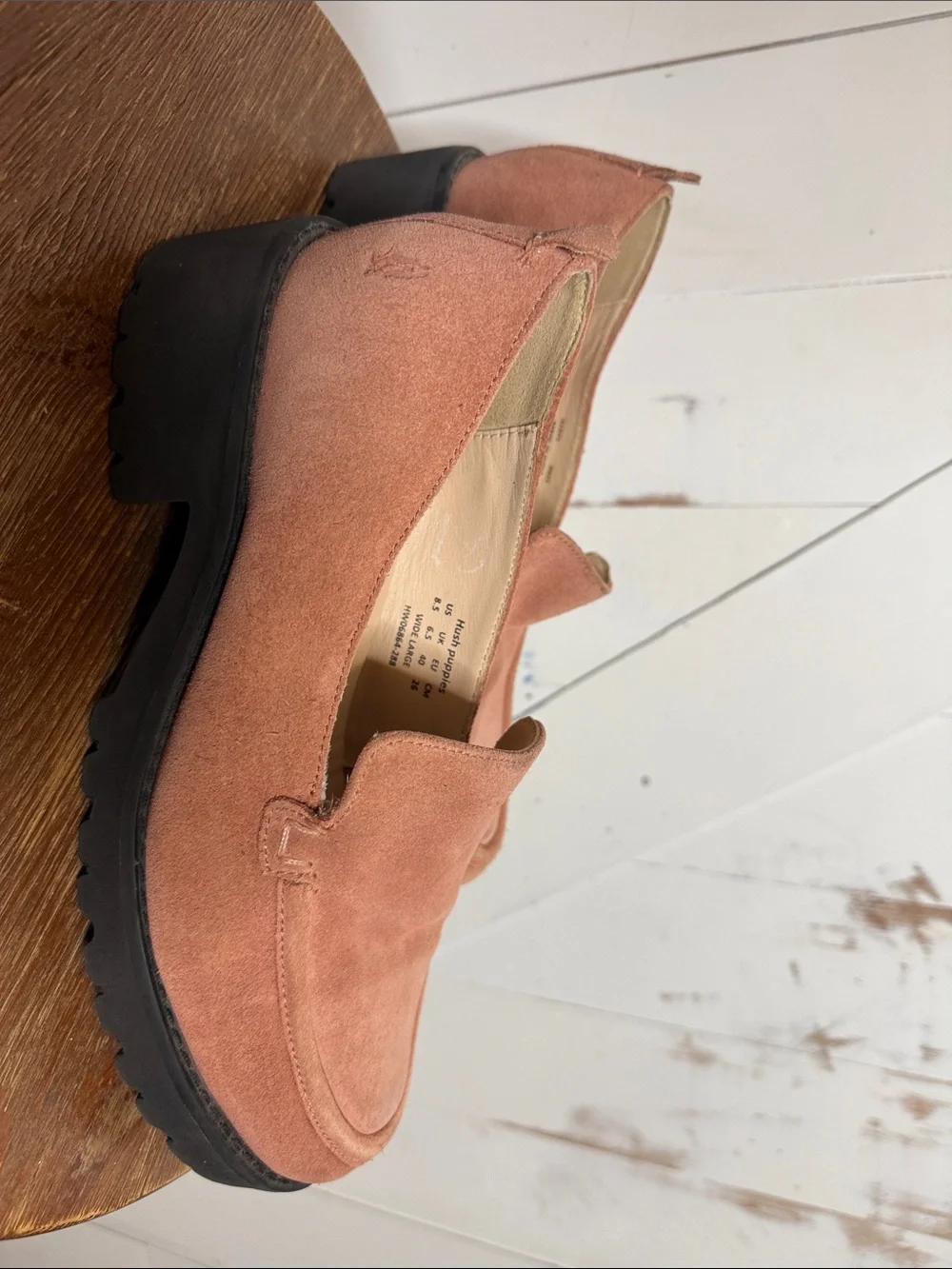 Hush Puppies Lucy Suede Loafers in Dusty Pink with Chunky Black Sole